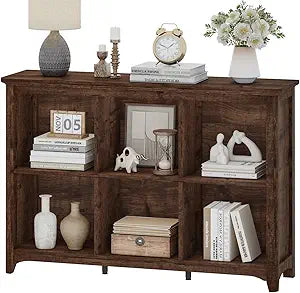 BON AUGURE 6 Cube Storage Bookshelf, Horizontal Wooden Bookcase with Curved Edge, Floor Standing Cubby Organizer for Living Room, Bedroom & Home Office (Rustic Oak)