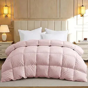 UNIKOME Goose Feather Down Fiber Comforter Queen Size, All Season Hotel Luxury Bedding Comforter, Ultra Soft Fluffy Duvet Insert with Downproof Cover, 8 Corner Loops (Full/Queen, Pink, 88"X88")