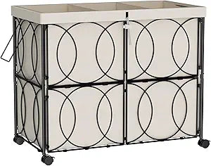 Laundry Hamper with 3 Section, Large 180L Rolling Laundry Basket with Wheels, Metal Heavy Duty Laundry Hamper with Detachable Bags, Dirty Clothes Hamper Organizer for Bedroom, Bathroom(Beige)