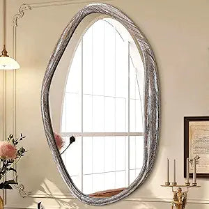 JJUUYOU Large Asymmetrical Mirrors Irregular Bathroom Wall Mirror 26"x18" Wooden Frame Modern Decorative Mirror for Makeup Bathroom Living Room,Brown