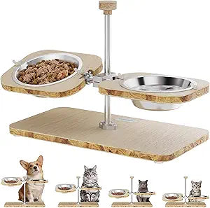 Tomxcute Elevated Cat Bowls with Wood Stand Dual Adjustable Tilt | FSC certified E0 grade frame, whisker fatigue comfort, dishwasher safe stainless inserts with non-slip pads