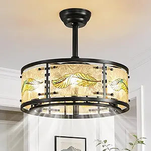 AIJIASI 20" Black Caged Ceiling Fan with Lights, Fandelier Ceiling Fan with Lights Remote Control, 6 Speeds Mid Century Chandelier Ceiling Fan for Bedroom Living Room Nursery