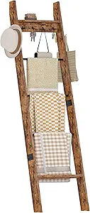CHOEZON 5-Tier Blanket Ladder, Wooden Blanket Display Rack, Towel Ladder with Hooks, Wall Leaning Display Shelf, for Living Room, Bedroom, Balcony, Rustic Brown and Black MCJ02FG