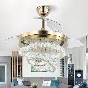 FRIXCHUR 42 Modern Crystal Chandelier Ceiling Fan LED Dimmable Fandelier Ceiling Fans with Lights and Remote, 6-Speed Reversible DIY Fans Light for Living Room Bedroom (Gold)