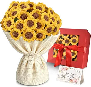 Sunflower Crochet Flower Bouquet Blanket, Handmade Knitted Round Throw Blanket, Best Women Birthday Gift for Her Girlfriend Wife Mom Mothers Day Christmas Valentine Anniversary, 51 Inch