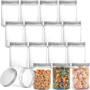 Tebery 16 Pack Clear Plastic Jars Bottles Containers with Silver Ribbed Lids 20oz Straight Cylinders Storage Canisters for Food & Home Storage