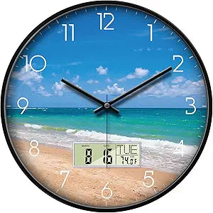 Blue Nautical Coastal Beach Wall Clock, 12" Silent Non-Ticking Battery Operated Analog Clock with LCD Date Day Temp Display, for Living Room Bedroom Office Kitchen Beach House Hotel Decor