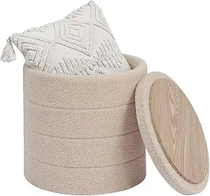 18" Tall Round Boucle Storage Ottoman, Sherpa Teddy Fabric Ottoman Footstool with Wooden Tray Reversible Lid, Folding Footrest with Storage for Living Room, Bedroom, Dorm, Beige