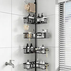 Corner Shower Caddy Tension Pole, Rustproof 4-Tier Adjustable 30-120 Inch Bathroom Organizer with Towel Bar, Soap & Toothbrush Holders, Black