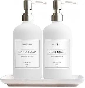 Vine Creations Glass Soap Dispenser, 2 Pack Kitchen Soap Dispenser Set with Ceramic Tray, Stainless Steel Pump, Dish Soap and Hand Soap Dispensers for Bathroom or Kitchen Decor with Waterproof Labels
