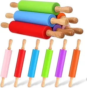 Dandat 12 Pcs Small Rolling Pin Kids 12 Inch Mini Silicone Rolling Pin for Baking Non Stick Kids Dough Roller with Wooden Handle for Kitchen Cookie Pastry Fondant Cake 6 Colors