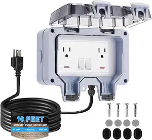 Outdoor Electrical Outlet Box with Switch & 10ft Extension Cord