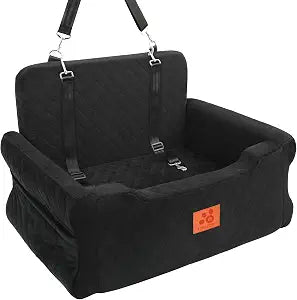 XIEEAOZEE Dog Car Seat for Large/Medium Dogs Up to 55 Lbs, Soft Fabric Car Dog Bed Filling Memory Foam, Removable and Washable Pet Booster Carseat with 2 Safety Leashes, Thick Cushion (Black)