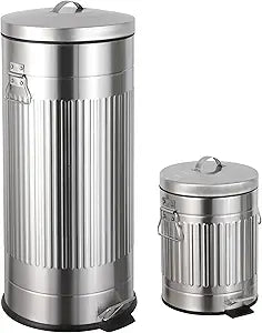happimess HPM1018E Theo Retro 8-Gallon Step Trash Can with Soft-Close Lid and Free Mini Trash Can for Home, Kitchen, Bathroom, Living Room, Office, Platinum Silver