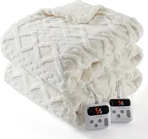 CAROMIO Electric Blanket King Size Dual Control - Thick Tufted Sherpa Heated Blanket with 10 Heating Levels and 10 Time Settings, ETL Certified Fast Heating Blankets King Size 90"100", White