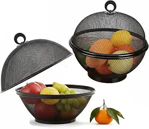 Metal Mesh Fruit Bowl with Lid (Set of 2) - Fruit Fly Proof Kitchen Counter Storage Basket for Fruits, Vegetables, Bread - (Black)