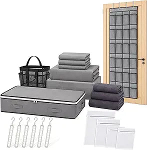 Hosuly 18 Pcs College Dorm Essentials Set XL Twin Comforter Set over The Door Shoe Organizer Under Bed Storage Containers Towel Laundry Bags Mesh Shower Caddy All College Room Accessories(Gray)