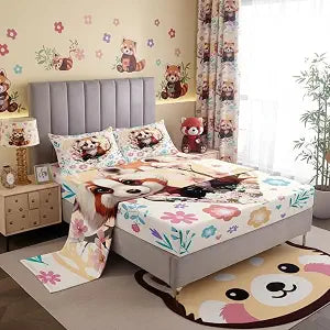 Manfei Red Panda Fitted Sheet Set Full Size 4 Pcs,Nature Wild Animal Cherry Blossom Teens Sheets,Cute Flowers Leaves Yellow Heart Graffiti Bedding Sets (1 Fitted,1 Flat,2 Pillowcases)