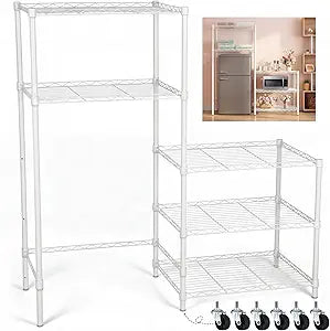 Threehoney Mini Fridge Shelf Stand with Metal Storage 3 Shelf Add on Standard for Dorm Microwave Stand Over Mini Fridge Storage Adjustable Height Organizer for College Rooms Kitchen (White)