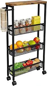 AZERPIAN Slim Rolling Cart 4 Tier Narrow Storage Cart on Wheels with MDF Board Top and Metal Handle for Small Space Kitchen Living Room Home Office Pantry Bathroom Laundry Room(16.545.1230.31 inch)
