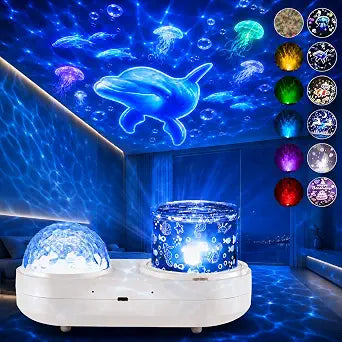 2-in-1 Ocean Projector for Bedroom, with 6 Slides & 9-Color Mood Lighting