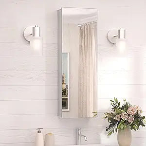TokeShimi 12 x 36 Farmhouse Medicine Cabinet Recessed or Surface Mount Aluminum, Mirror with Stepless Adjustable Storage, Silver Bathroom Mirror Medicine Cabinet Frameless Metal Modern