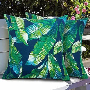 Magpie Fabrics Patio Pillow with Insert 18"x18", Set of 2, Fade-Resistant Outdoor Indoor Cushion Decorative Throw Pillow Decoration for Couch Garden Furniture - Green Lagoon Leaves