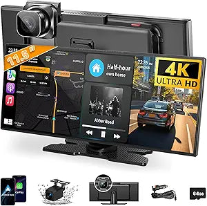 Largest 11.5 inch Wireless CarPlay Screen for Car, A-pple CarPlay & Android Auto HD Touchscreen with 4K Dash Cam/1080P Backup Camera/Navigation/Bluetooth/Voice Control/FM/Mirror Link,for All Vehicles