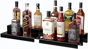 JUESHA 2 Tiers Bar Shelves for Liquor Bottles, 15" Bar Organizer for Countertop, Black Acrylic Risers Display Racks Stands for Figures Pops Cupcake Perfume Collections (Patent: D1076520S)