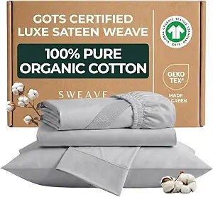 100% Certified Organic Sateen Weave Cotton Sheets King Size, 4 Pcs, Light Grey