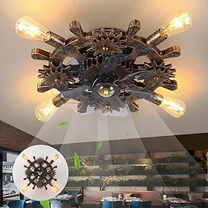 18.9" Vintage Industrial Small Ceiling Fans with Lights and Remote,Wooden Rudder Low Profile Fandelier Ceiling Fan with Light,Flush Mount Bladeless Ceiling Fan for Kitchen,Bedroom,Cafe Bar