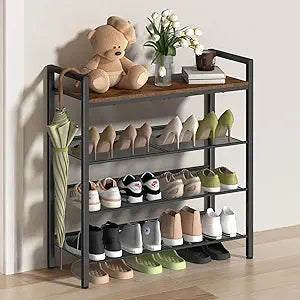 4 Tier Shoe Rack for Entryway, Metal Shoe Rack Heavy Duty with Wooden Top & Adjustable Mesh Shelves, Shoe Storage Organizer for Front Door Entrance/Closet/Bedroom/Dorm/Garage