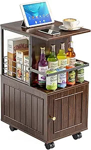 Narrow End Table with Storage Cabinet, Small Side Table with Open Storage Areas, Slim Sofa Side Table for Living Room, Nightstand for Small Spaces, Walnut