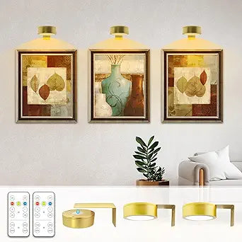 Arixinks Battery Picture Light 3Pack Gold,Wireless Painting Light with Remote,3 Lighting&Dimmable,Wall Art for Painting Accent Light &Timer for Pictures Frames Gallery Potrait Magnetic