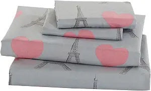 Fancy Linen Eiffel Tower Hearts Grey Pink Hearts Paris Girls/ Teens / Adults Sheet Set New (Twin)