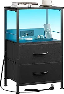 WLIVE LED Night Stand with Charging Station, Black Nightstand with 2 Fabric Drawers and Storage Shelf, Dorm Bedside Table End Table with 2 USB Ports and Outlets, Small Dresser for Bedroom