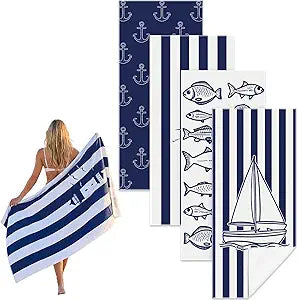 Frienda 4 Pack Microfiber Oversized Lightweight Beach Towel 71x32 in for Women Men Microfiber Quick Dry Sand Free Ocean Coastal Towels for Beach Pool Travel(Nautical)