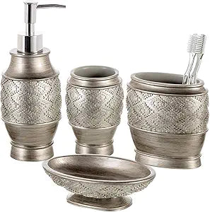 Creative Scents Dublin Silver Bathroom Accessory Set - Brushed Silver Bathroom Sets Accessories - 4 Piece Bathroom Set Includes: Soap Dispenser, Toothbrush Holder, Soap Dish and Tumbler