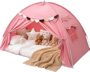 Toddler Bed Tent, Canopy for Girls & Boys with Star Lights, Easy Setup Twin Kids' Bed Canopy & Privacy Playhouse, Portable Indoor Play Tent, 80x40x47 Inches (Pink)