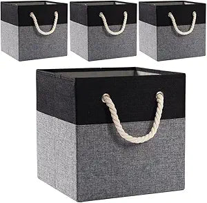 PRANDOM Large Foldable Cube Storage Bins 13x13 inch [4-Pack] Fabric Linen Storage Baskets Cubes Drawer with Cotton Handles Organizer for Shelves Nursery Closet Bedroom Black