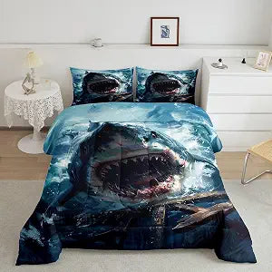 Feelyou Kids 3D Shark Comforter Set,Ocean Blue Ocean Shark Bedding Set Queen Size,Boys Girls Bedroom Room Decor,Fish Ocean Theme Comforter,Animal Shark Bed Set