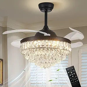 CLAIRDAI 42'' Crystal Fandelier Ceiling Fan with Lights, Stepless Dimmable LED Chandelier Fan, Retractable Blades, Remote & APP Control, 6-Speed Flush Mount for Bedroom Living Room Dining Room
