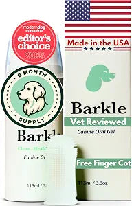 Barkle Vet Reviewed Dog Teeth Cleaning Gel Kit | Eliminate Plaque, Tartar & Bad Breath | Mint Dog Breath Freshener Gel | Puppy & Small Breed Safe | Free Finger Cot Brush (Tube is a 60 Day Supply)