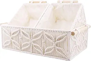 YAHUAN Macrame Storage Baskets with Wood Handles Handmade Woven Boho Decor Box for Organizing on Shelf Cabinet Countertop - Set of 3 (White)