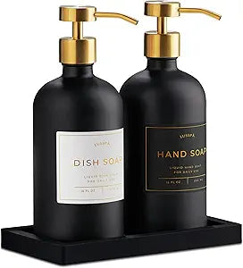 Glass Soap Dispenser Set of 2 (Black) with Silicone Tray | Hand and Dish Soap Dispenser for Kitchen and Bathroom | 16.8 Oz Glass Bottles with Stainless Steel Pump & 15 Waterproof Labels (Black/Gold)