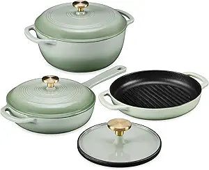 Best Choice Products Non-Stick Pot & Pan Cookware Set, Cast Iron, 2Qt Skillet W/Lid, 10" Grill Or Griddle Pan W/Press, 6Qt Enameled Dutch Oven, Non-toxic, For Cooking & Grilling - Sage