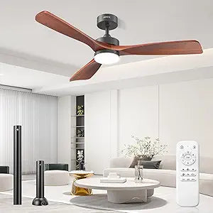 52 Inch Ceiling Fans with Lights and Remote, Solid Wood 3 Blade Modern Ceiling Fan, Quiet DC Motor, 6 Speeds, Dimmable LED, Timer, Indoor & Covered Outdoor Living Room, Bedroom, Patio (Dark Walnut)