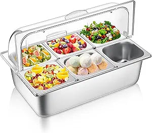 Ziliny Countertop Food Serving Display Container Clear Roll Top Cover 6 Pan Stainless Steel Ice Food Buffet Server Salad Bar Pizza Topping Station Condiment Dispenser Restaurant Kitchen Party(Silver)