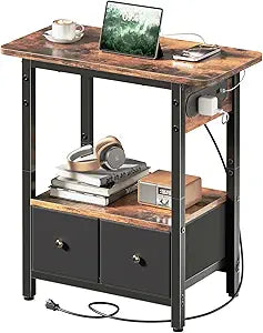 HLDIRECT 24" W End Table with Charging Station & USB Ports, Bedside Table with 2 Fabric Drawers & Storage Shelf for Small Space, Night Stand for Living Room, Bedroom (Rustic Brown)