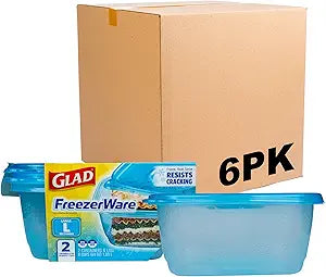 Glad GladWare FreezerWare Food Storage Containers with Lids, Large Rectangle BPA Free Plastic for Freezing Soups Meals and Batch Cooking, Crack Resistant, Microwave Dishwasher Safe, 64 Oz, 2 Ct - 6 Pk
